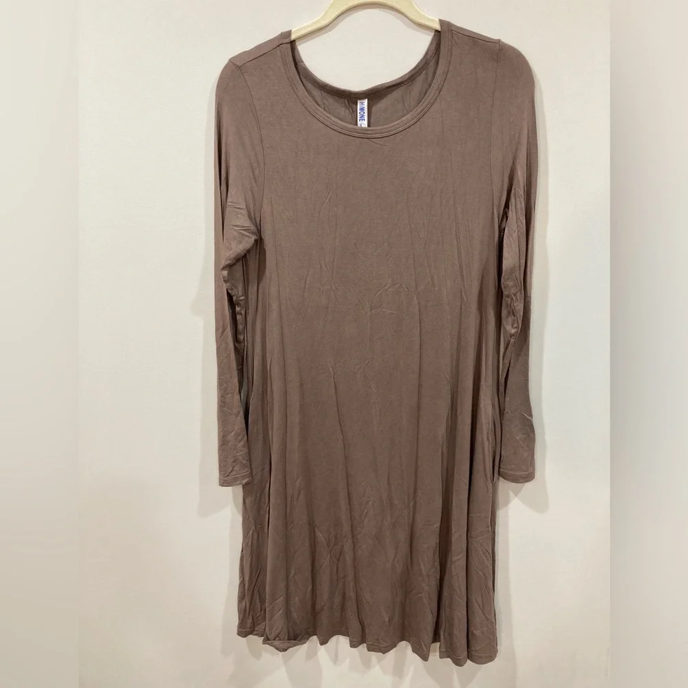 Himone Tan Long Sleeve Solid Dress with Pockets Large - Picture 2 of 13